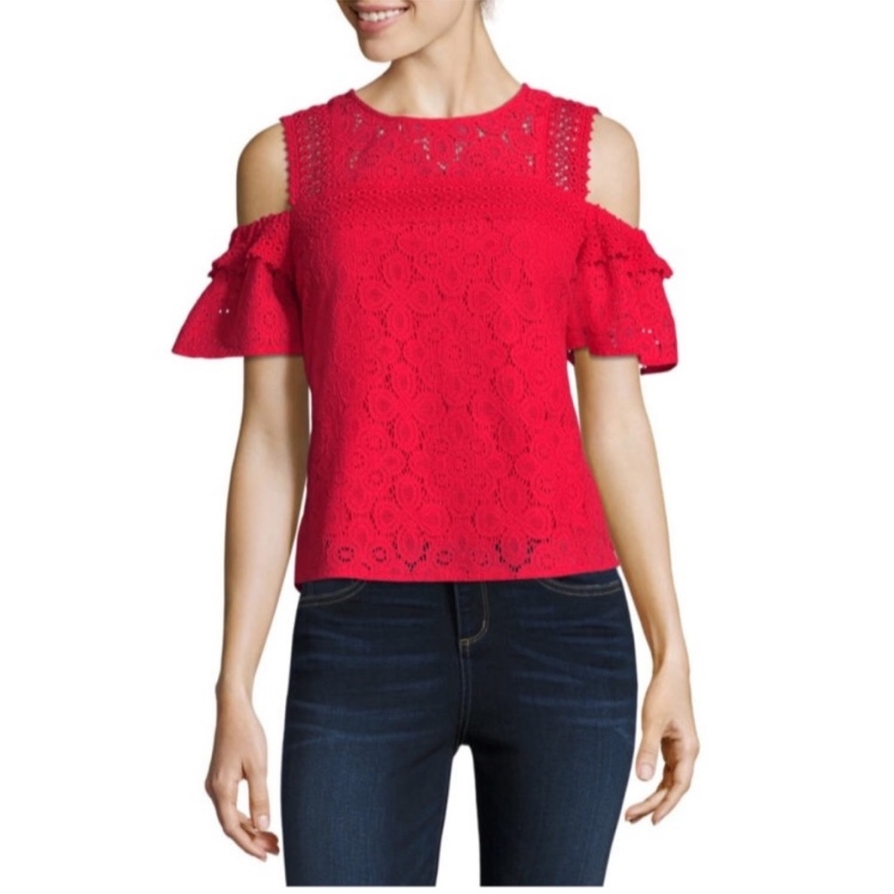 Project Runway True Red Lace Cold Shoulder Blouse Women’s Size Medium